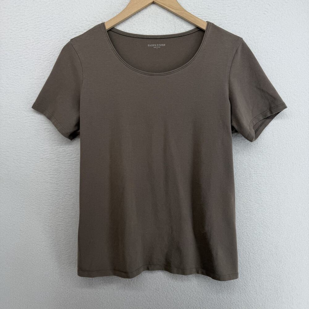 EILEEN FISHER Top L Stretch Organic Cotton Scoop Neck Short Sleeve Brown USA